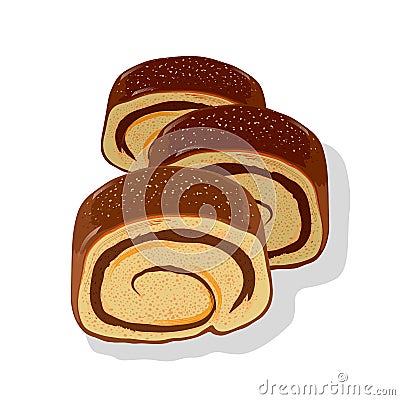 Delicious chocolate cake roll cutted to pieces. Sweet cacao roulade with whipped cream. Vector Illustration