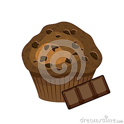 Delicious chocolate muffin pastry with chocolate cubes pieces icon vector Vector Illustration