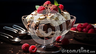 Delicious Chocolate Raspberry Parfait With Whipped Cream And Raspberries Stock Photo