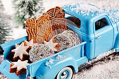 Delicious Christmas cookies in back of toy truck Stock Photo