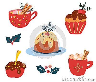 Delicious Christmas sweets and drinks. Traditional holiday treats. Set of Xmas gingerbread cookies, lollipops, pastry, cakes and Vector Illustration