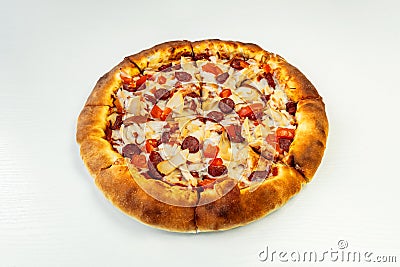Delicious classic italian Pizza Pepperoni with sausages and cheese mozzarella. white background Stock Photo
