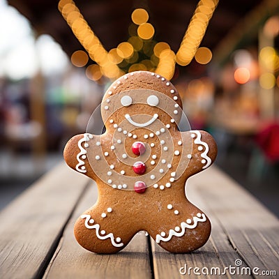 Delicious classy cookie, homemade sweet and tasty gingerbread stands on wooden table outdoor. Christmas composition Stock Photo