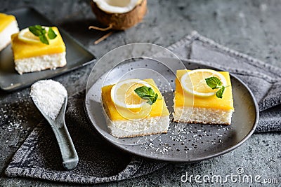 Delicious coconut bars with lemon curd Stock Photo