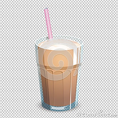 Delicious coffee drink in a transparent cup with milk foam and a straw. An invigorating beverage made of milk and coffee isolated Cartoon Illustration