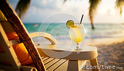 A delicious cold cocktail drink with a colorful umbrella and tropical fruits served on a white sandy beach. Generative AI Stock Photo