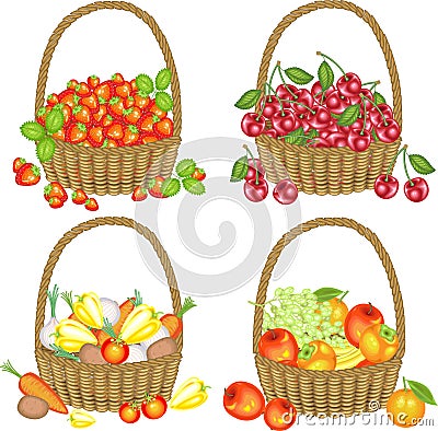 Delicious collection. Four complete baskets with strawberries, cherries, vegetables, fruits. A bountiful harvest. Vector Cartoon Illustration