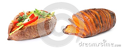 Delicious cooked sweet potatoes on background. Banner design Stock Photo