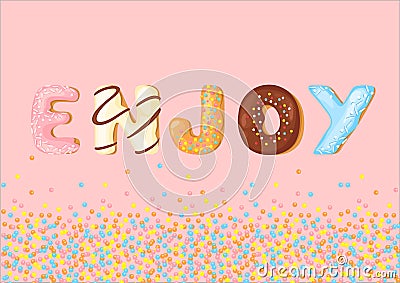 Delicious cookies flat lettering word enjoy vector. Sweet baking cartoon font. Creative gingerbread typography design Vector Illustration