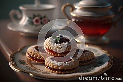 Delicious cookies with strawberry jam on a plate and a cup of tea Stock Photo