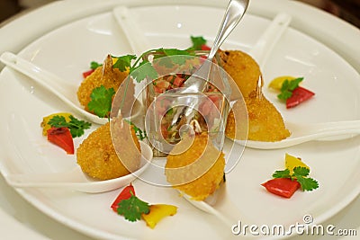 Delicious crab meat CanapÃ©s starters Stock Photo