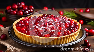 Delicious cranberry tart, jellied and fresh cranberries for Thanksgiving or Christmas. Generative AI Stock Photo