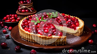 Delicious cranberry tart, jellied and fresh cranberries for Thanksgiving or Christmas. Generative AI Stock Photo