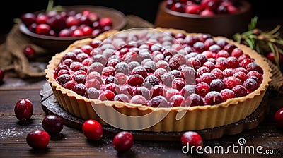 Delicious cranberry tart, jellied and fresh cranberries for Thanksgiving or Christmas. Generative AI Stock Photo