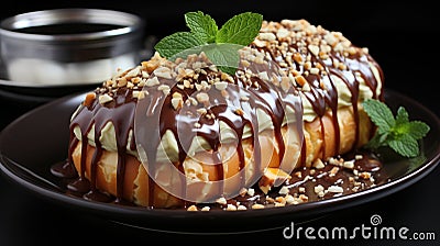 Delicious cream eclair with chocolate topping and hazelnuts Stock Photo