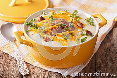 Delicious cream potato soup with bacon and cheddar cheese close-up. horizontal Stock Photo