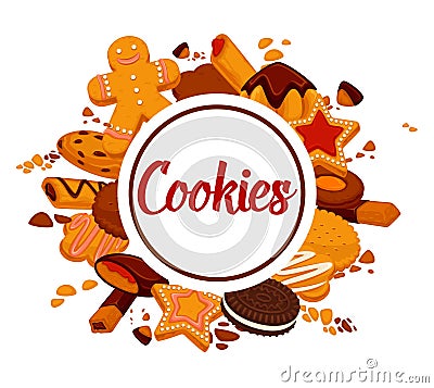 Delicious crispy cookies with chocolate and cream promotional poster Vector Illustration