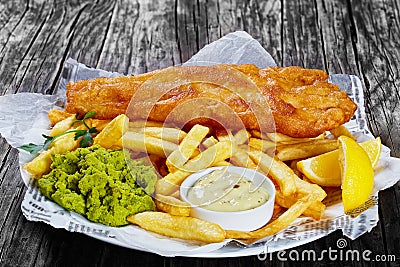 Delicious crispy fish and chips, close-up Stock Photo