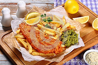 Delicious crispy fish and chips on plate Stock Photo