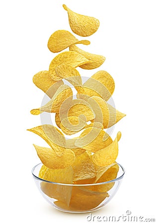 Delicious crispy potato chips pile in glass bowl Stock Photo