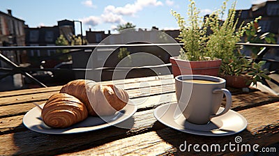 Delicious croissant and cup of coffee on an urban outdoor coffee table in a scenic setting Stock Photo