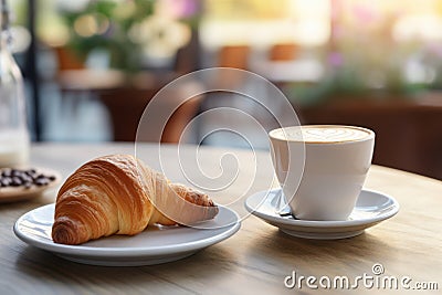 Delicious croissant and cup of coffee on wooden table, cafe in the background Stock Photo