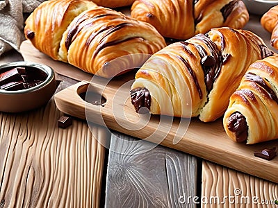 Delicious Croissants and Freshly Baked Sweet Buns with Decadent Chocolate. Stock Photo