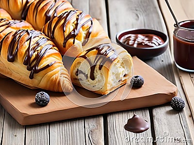 Delicious Croissants and Freshly Baked Sweet Buns with Decadent Chocolate. Stock Photo