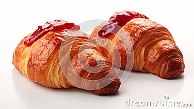 Delicious Croissants With Raspberry Jam - Closeup Steaming Bread Stock Photo