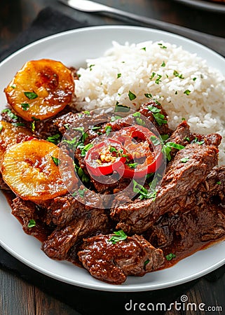 Delicious Cuban ropa vieja featuring shredded beef in rich tomato sauce, accompanied by rice and fried plantains served Stock Photo