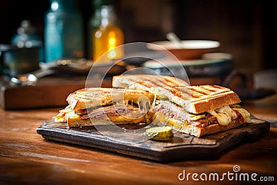Delicious Cuban Sandwich on Rustic Cutting Board Stock Photo