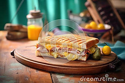 Delicious Cuban Sandwich on Rustic Cutting Board Stock Photo