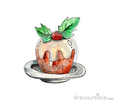 Delicious cupcake decorated with berries and leaves on a plate. Autumn and xmas illustration. Watercolor sketchy drawing on white Cartoon Illustration