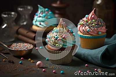 Delicious cupcakes with sprinkles and decorations Stock Photo