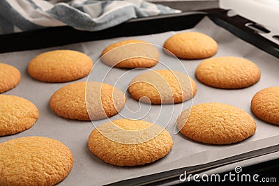 Delicious Danish butter cookies on baking tray, closeup Stock Photo