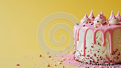 A delicious, delicate cake on a yellow background with pink icing. A birthday dessert that looks beautiful and Stock Photo