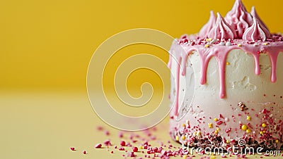 A delicious, delicate cake on a yellow background with pink icing. A birthday dessert that looks beautiful and Stock Photo