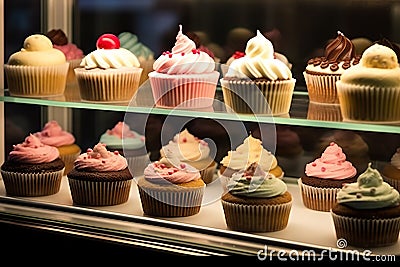 Delicious Delights Tempting Assortment of Cupcakes in a Bakery Window Display. created with Generative AI Stock Photo