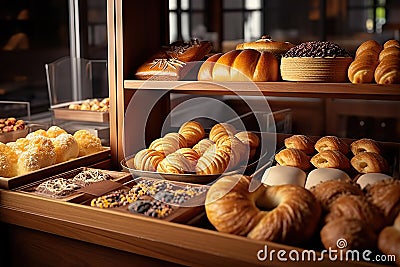 Delicious Delights A Tempting Bakery Interior Filled with Freshly Baked Pastries. created with Generative AI Stock Photo