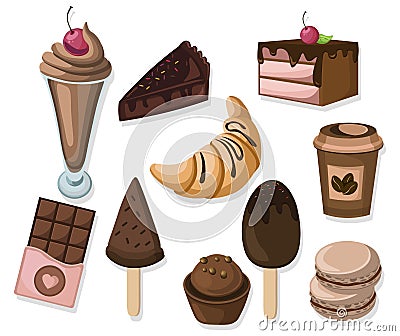 Delicious dessert chocolate cakes and croissant set collection vector illustration Vector Illustration