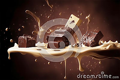 Delicious dessert: chocolate, milk, cakes, cookies. Flavorful swirl Stock Photo