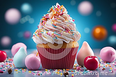 Delicious Dessert Cupcake with Cream Topping and Sprinkle of Meses on Blue Background Stock Photo