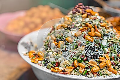 Delicious dessert meal of muesli with oats, grains, nuts and seeds Stock Photo