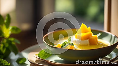 delicious dessert panna cotta mousse tasty cream yellow Italian cuisine homemade recipe Stock Photo