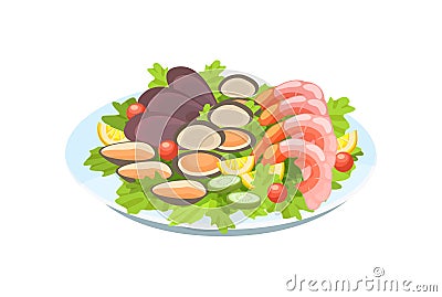 Delicious dish - shrimps and mussels, with delicate salad, greens, lemons. Vector Illustration