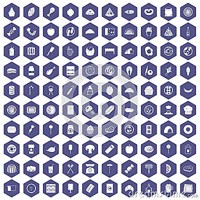 100 delicious dishes icons hexagon purple Vector Illustration