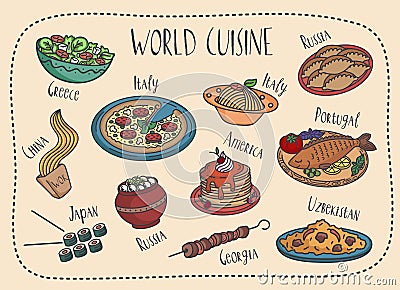 Delicious dishes of Russian, European, Asian , American, Indian cuisine. Vector Illustration