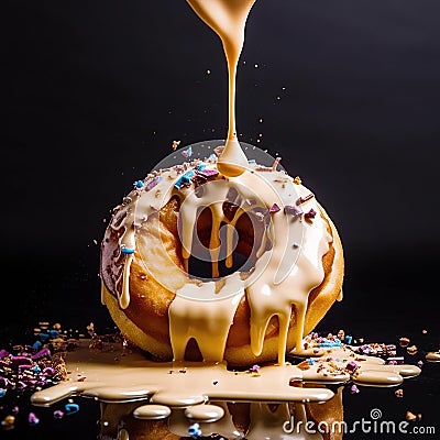 Delicious donut frosted with cream cheese glaze and sprinkled with fruity pebbles and cookie crumbles. Created with generative AI Stock Photo