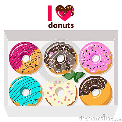 Delicious donuts in box on white background with letters: i love donuts. Vector Illustration