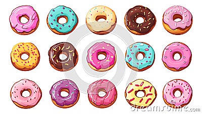 Delicious donuts cartoon set. Isolated donut with glaze, bakery collection. Fresh tasty food, breakfast or snack. Vector Vector Illustration